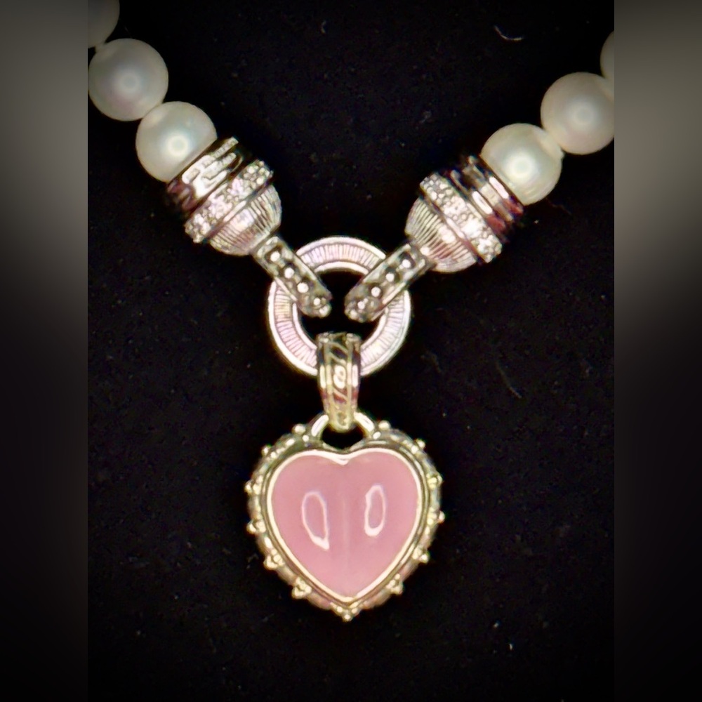 Judith Ripka 925 Pearl Necklace w/ Removable Pink Heart Pendant item#0105